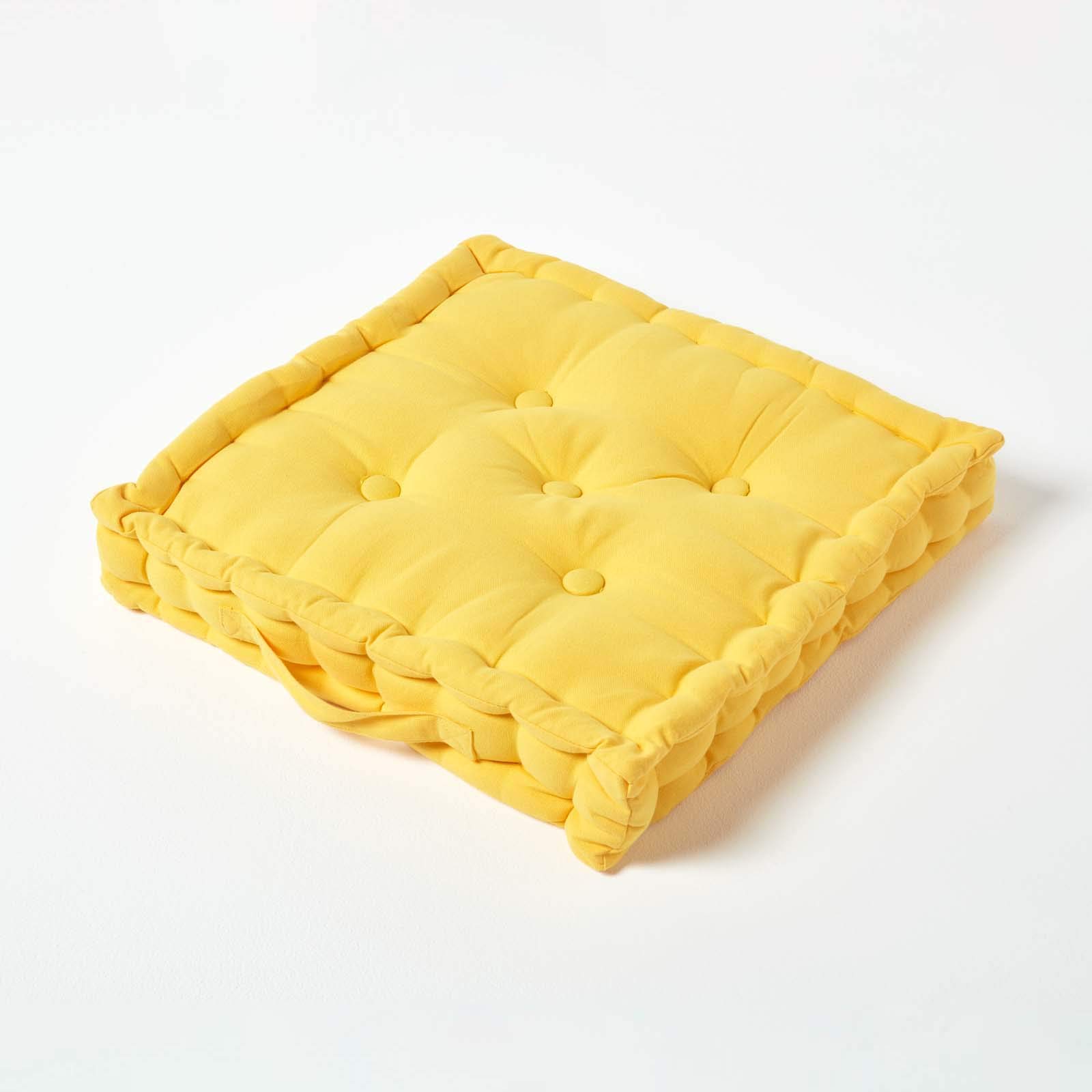 HOMESCAPES Luxury Floor Cushion Plain 100% Cotton Yellow 50 x 50 x 10cm, Booster Cushion Seat Chair Pad Dining Thick & Plush Garden Floor Pillow for Kids Elderly Pets Indoor Outdoor Use