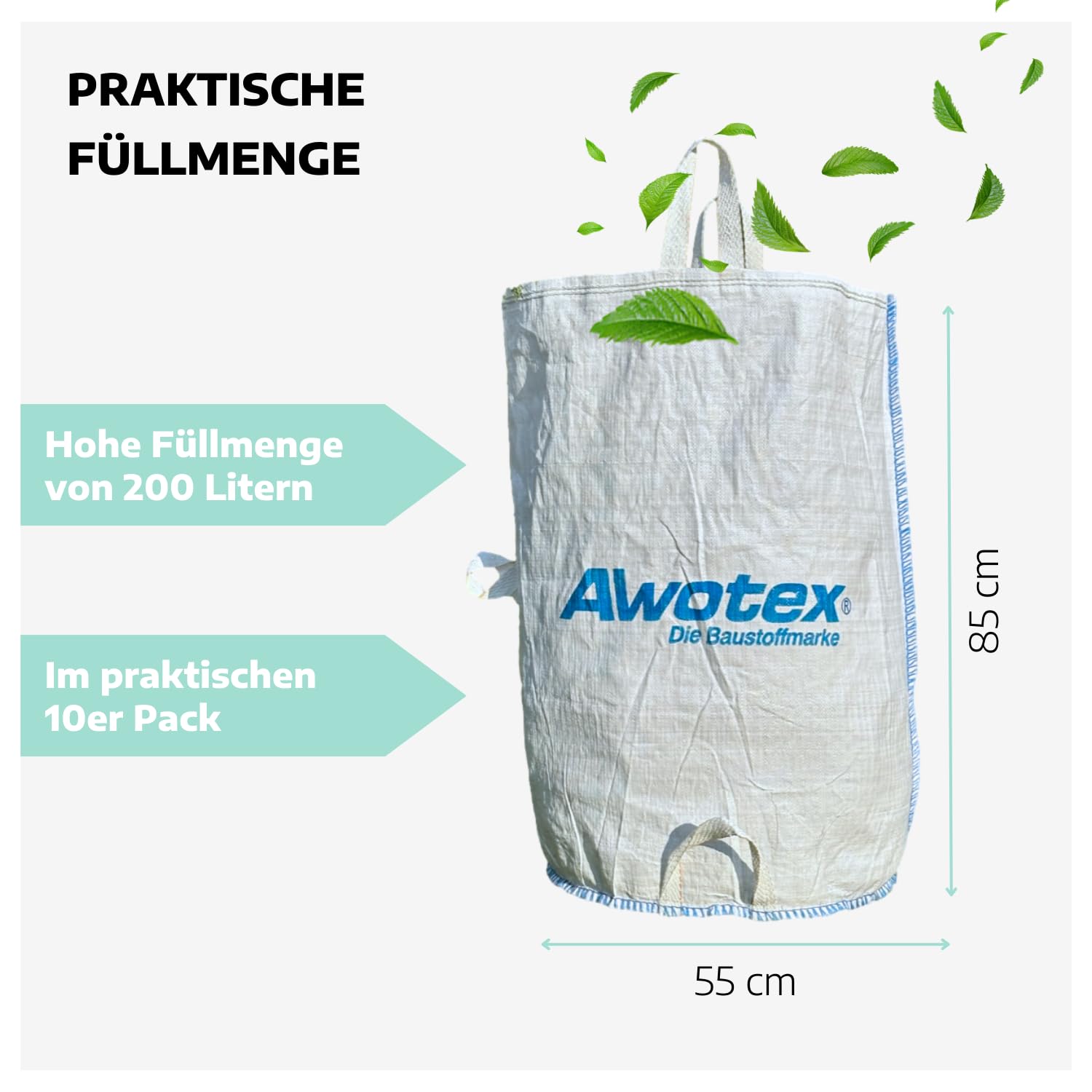 10 Garten-Abfallsäcke I 200 Liter Füllmenge I Abfallsack Garten mit 5 Griffen I Gartenabfallsack für die Baustelle aus PP I langlebige Säcke für Gartenabfälle 55 x 85 cm