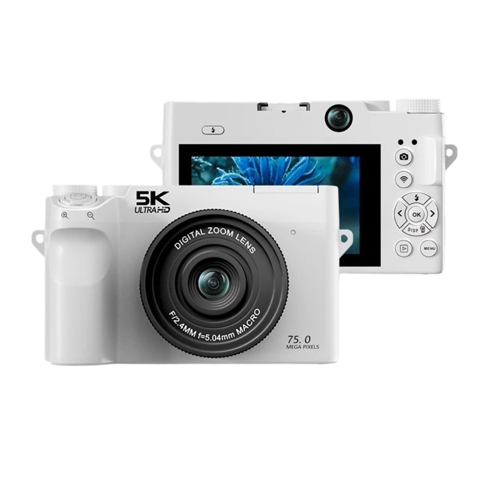Kamera wideo, Aparat cyfrowy 5K do fotografii, aparaty cyfrowe 75 MP typu „punkt i fotografuj” 64 GB, podwójny obiektyw, 18-krotny zoom, autofokus, kamera WiFi do vlogowania(W07 White 64G Reader)