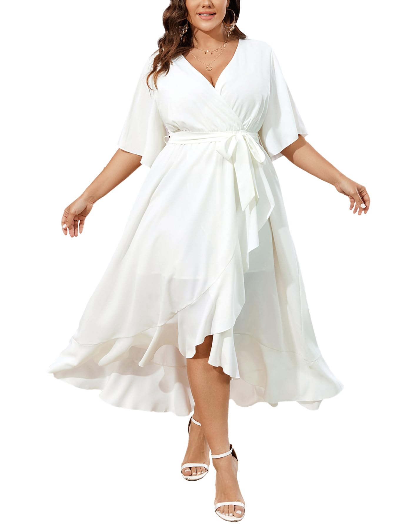 SCOMCHIC Women Plus Size Maxi Dress Short Sleeve Wrap V Neck High Low Split Ruffle Long Dress