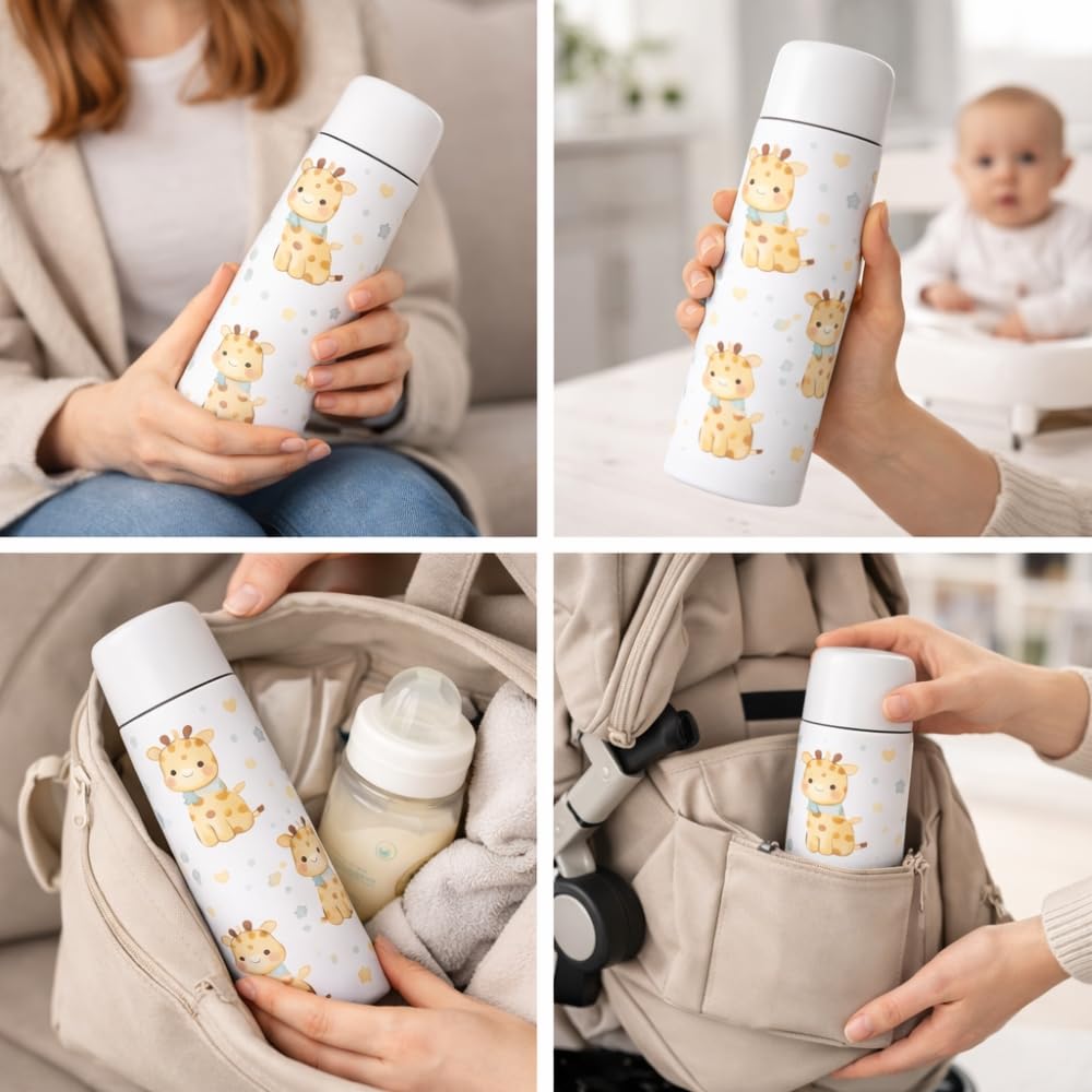 Termo para Bebé de Acero Inoxidable, 500 ml, Mantiene Temperatura 6h Calor y 15h Frío, Sistema Antigoteo, Cierre Hermético (Jirafa)