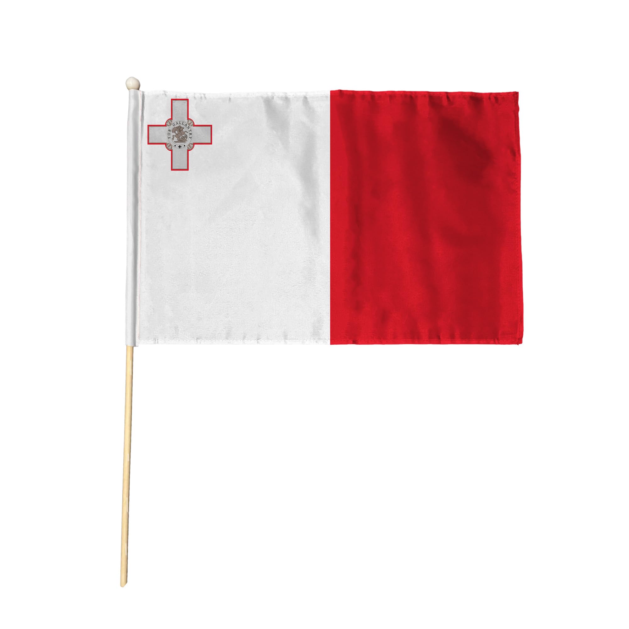 Flagtex Malta Pack of 12 Hand Waving Flag (9x6 Inch) - Premium Wooden Stick Hand Flag 9x6 Inch Natural Wood Pole European White Red George Cross Island Flag Events Parades — image 1