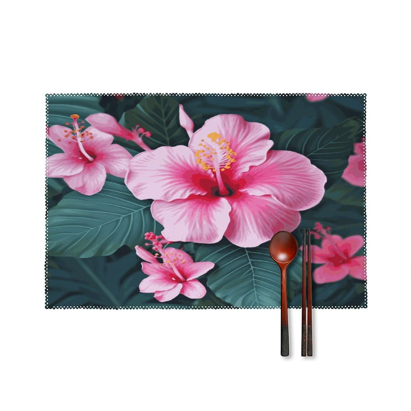 Btcowzrv Style Hawaii Pink Flower Canvas Placemats Set Of 6, Wipeable Washable Place Mats For Indoor & Outdoor, Table Mat Decor For Kitchen Dining Party