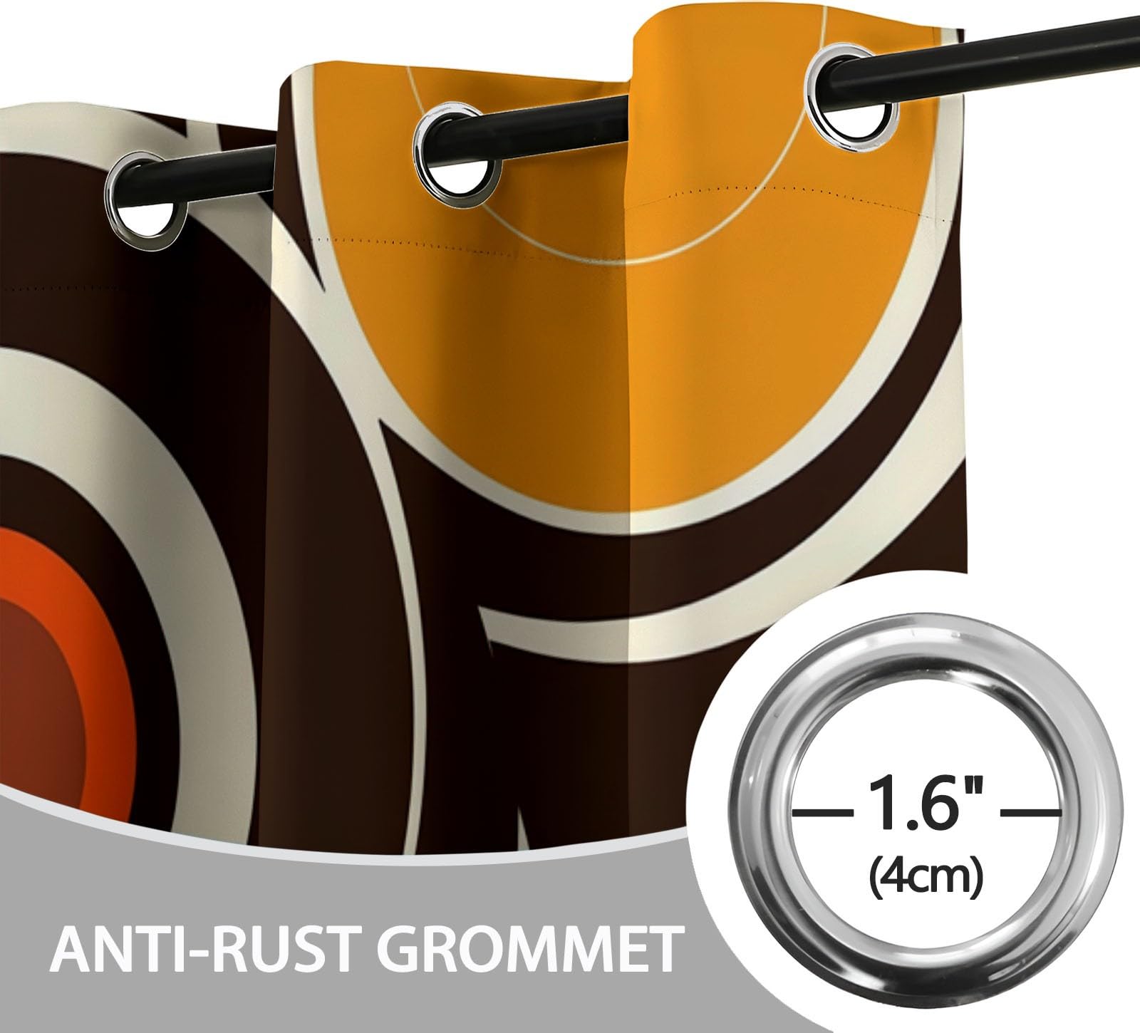 Orange Marron Rideau Occultant Thermique Isolant Cercles Géométriques Abstraits Rétro 3D Imprimé Tenture Opaque à Oeillets Isolation Lumiere UV Decoration Chambre Salon, 150L X 280H cm (2 Panneaux)