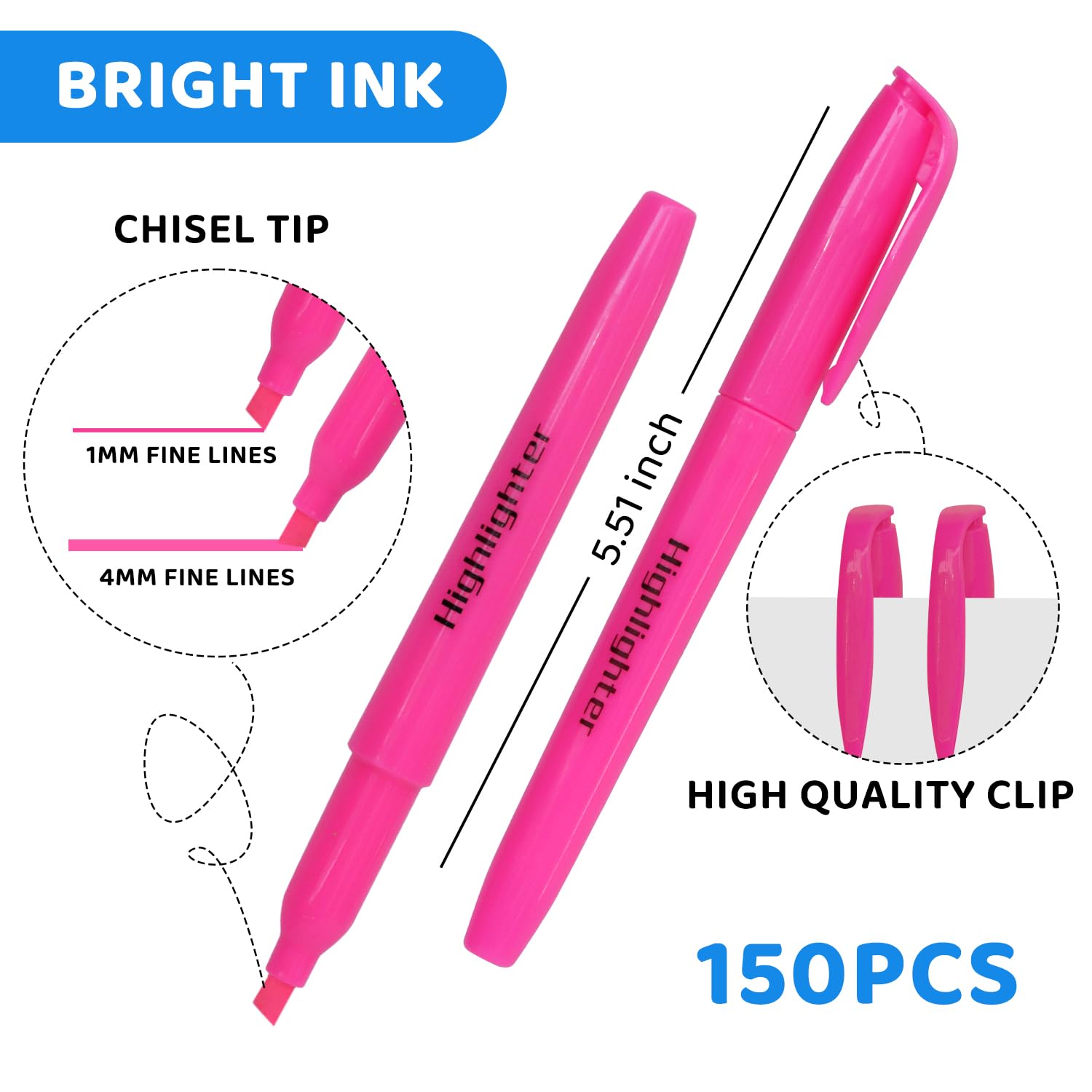 150 Stück Groß-Textmarker – mehrfarbige Textmarker in verschiedenen Neonfarben mit transparenten Hüllen, perfekte Textmarker, Klassenzimmer-Set für Schule, Büro und Studium