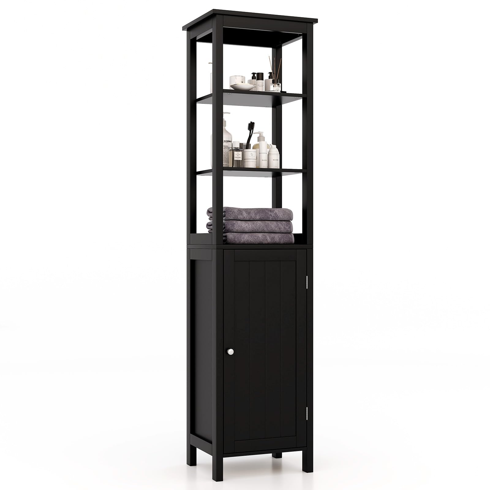 COSTWAY Armario Baño, Mueble Baño con Estante de 3 Niveles y 1 Puerta, Estante Ajustable, Mueble Auxiliar Baño, 40 x 32 x 161,5cm, Salón, Cocina (Negro)