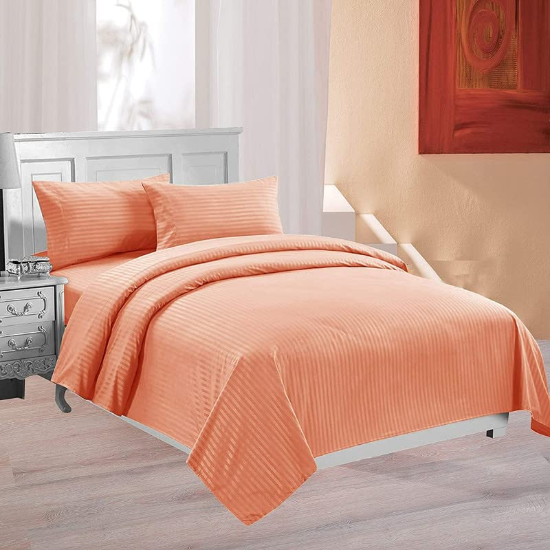 Image of 300 TC Glace Cotton Plain Stripe Queen Size Single Bedsheet with 1 Pillow Cover for Home, Hotel, Guest Room (60 X 90) Inch Light Orange Pack 1
