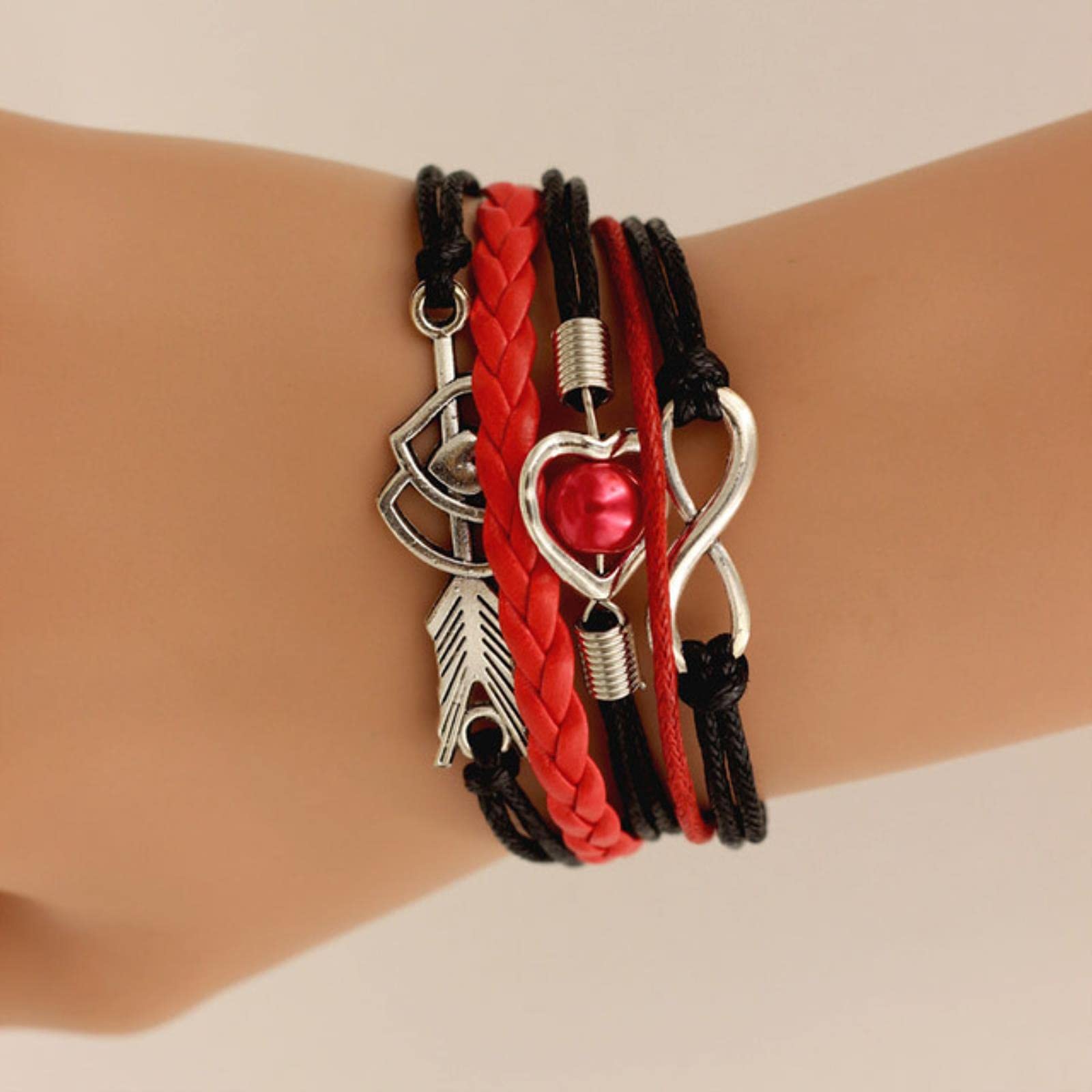 Jijiba Women's Black Leather Bracelets For Wrap Infinity Love Heart Friendship Antique Leather Charm Bracelet