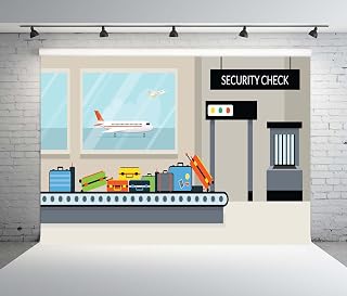 BELECO 7x5ft Fabric Airport Terminal Security Check Backdrop Cartoon Airport Scene Aircraft Luggage Baggage Check Background for Themed Party Decorations Banner Kids Birthday Shoot Studio Prop