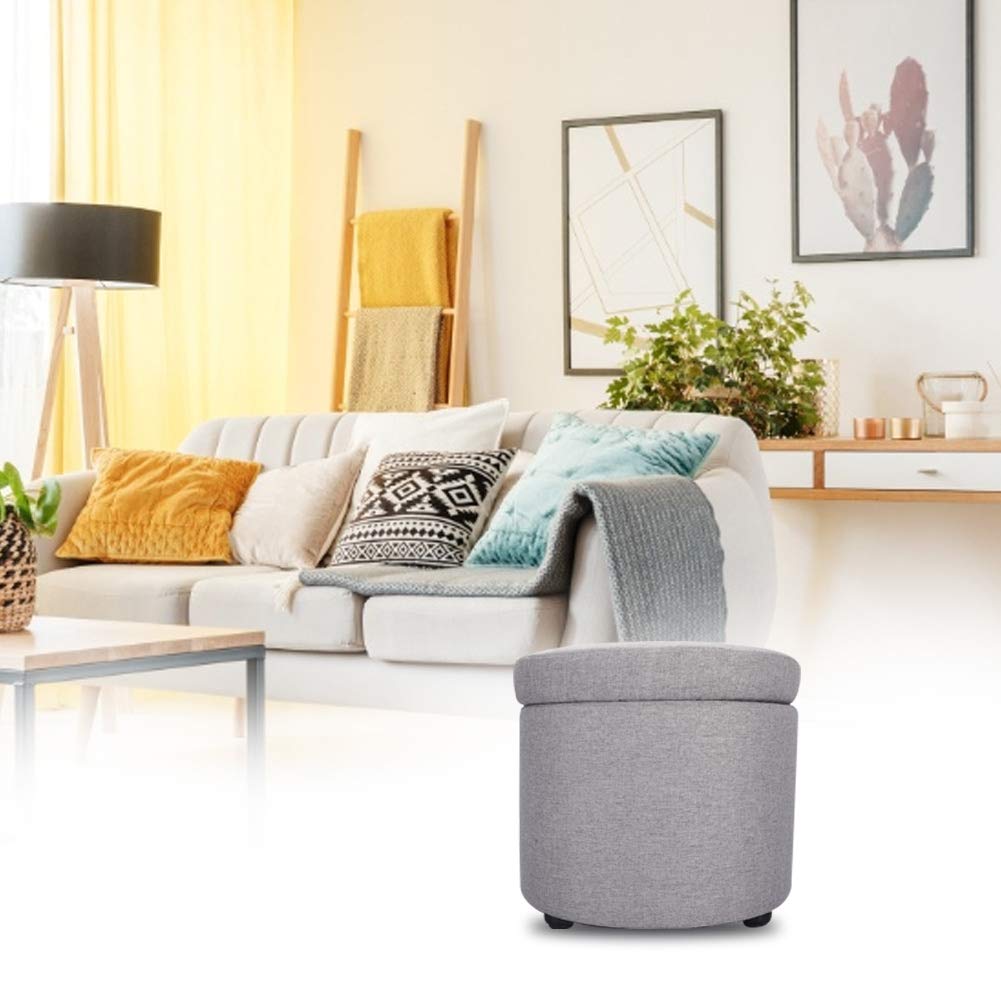 Ausla Taburete de Almacenamiento Multifuncional, Reposapiés Redondo con Tapa Extraíble, Esponja y Paulownia, 37 X 37 X 30 Cm, Asiento de Almacenamiento Oculto para Sala de Estar, Dormitorio,