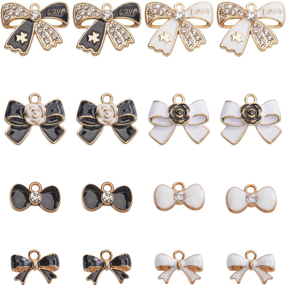 SUNNYCLUE 1 Box 48Pcs 8 Styles Enamel Bow Charm Bowknot Charm Black Alloy Rhinestone Small Bows Charms for Jewellery Making Charms Bracelet Necklace Accessories DIY Crafting Supplies Christmas Women