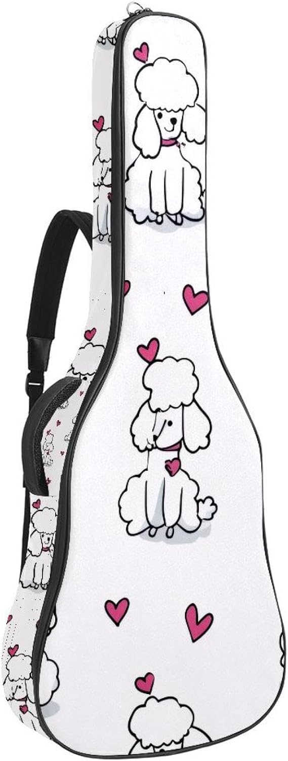 Acoustic Guitar Gig Bag 10mm Thick Padding, Soft Waterproof Guitar Case with Adjustable Backpack Straps for 40-42 Inch Guitar, Cute White Doodle Dogs with Pink Hearts
