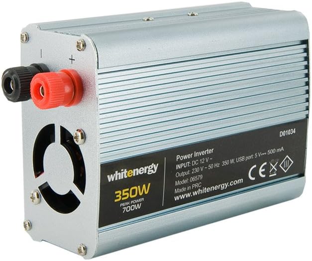 350W Modified Sine Wave Power Inverter 700W Peak Power DC 12V to AC 230V Voltage Converter, 1 x Universal 230 Volt Household Electrical Outlet, 1 x USB Port DC 5V, 500 mA, Output AC 230V, Input DC 12V