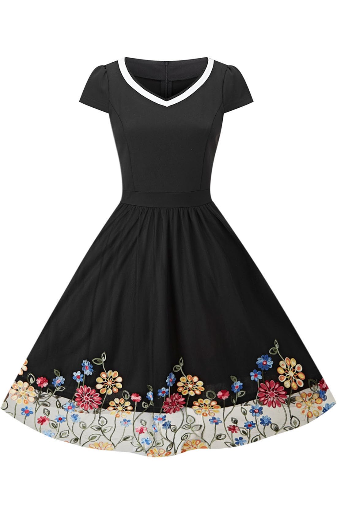 AXOE Femme Robe Vintage en Tulle Évasée | Manches Courtes, Longueur Genou, Style Années 50, Invitée Mariage, Cocktail, Corsage Élastiquée, Cérémonie, Soirée Chic