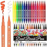 Rotuladores Lettering, 36 Colores Rotuladores Punta Pincel 1-2mm y Punta Fina 0.4mm Acuarelables Marcadores Brush Pen para Adultos, Bullet Journal, Caligrafía, Libros para Colorear, Arte Dibujo