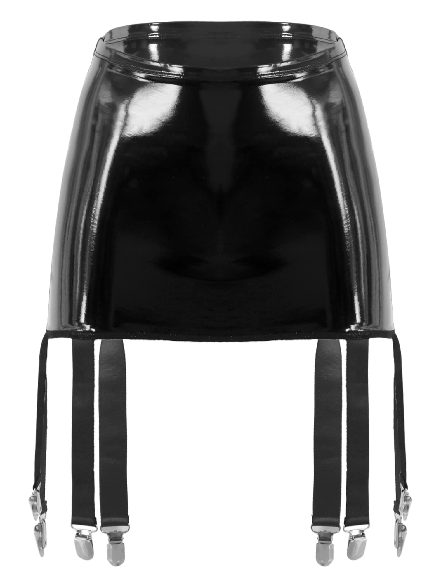 Vxuxlje Women's Patent Leather Skirts High Waist Suspenders Skirts with Six Metal Buckle Clips: Black Small
