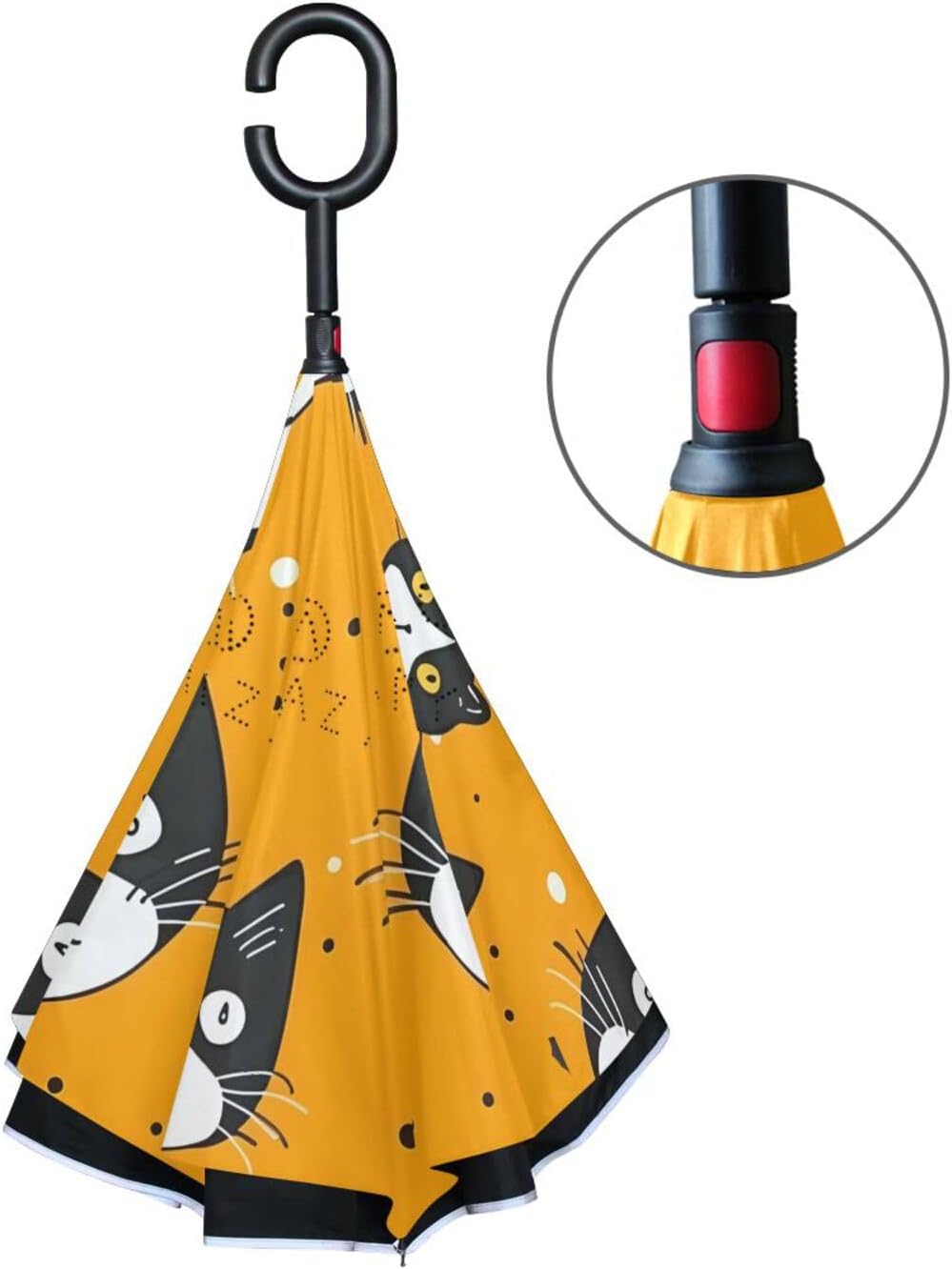 Cat Faces Orange Inverted Umbrellas for Rain Windproof Reverse Upside Down Golf Umbrella with C-shape Handle for Men Women