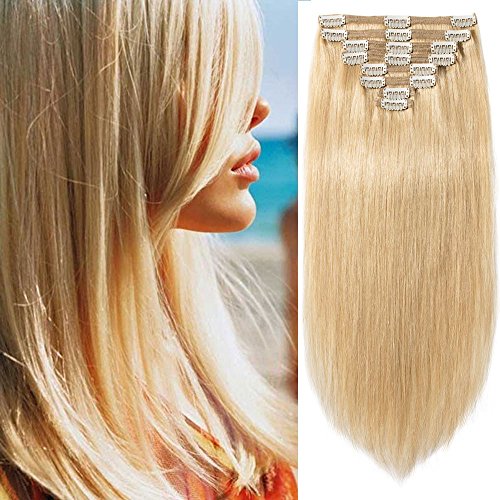 s-noilite 10"-22" Thick Double Weft 130-160g Grade 7A 100% Clip in Remy Human Hair Extensions Full Head 8 Piece (14"=120g, #24 Natural Blonde)