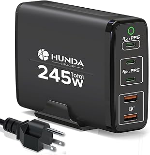 USB C GaN Charger, HUNDA Total 245W GaN PD Fast Charger 5 Ports USB C Charging Station Support PD3.1 140W /PPS 45W/QC5/QC4+/QC3.0 for MacBook Pro,Dell,HP,Lenovo,Surface Series,iPhone,iPad,Galaxy etc