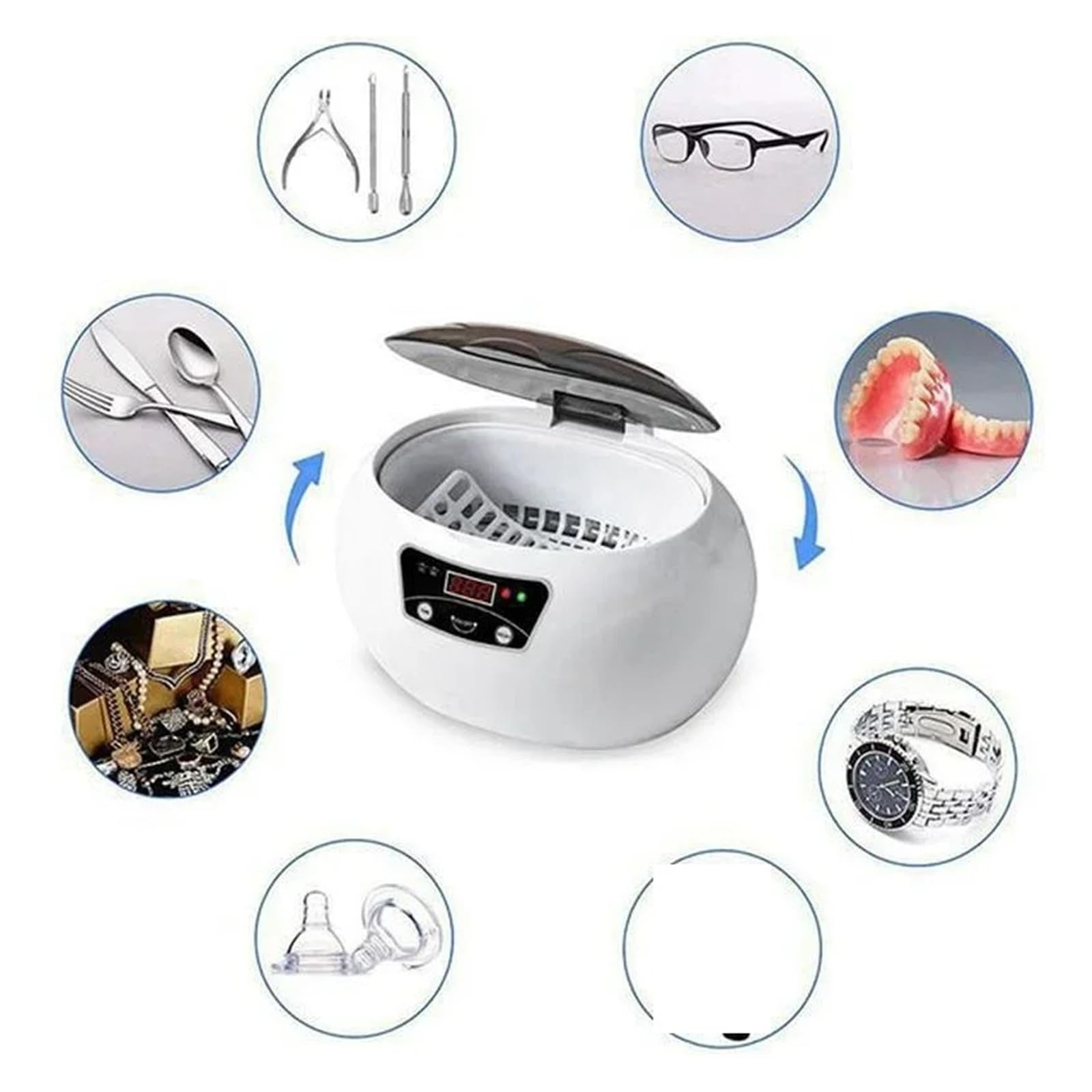 Nettoyeur à ultrasons, Nettoyeur à ultrasons 600 ml, minuterie de bain for pièces bijoux, lunettes, coupe-ongles, boîte