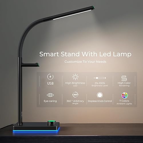 Miniatura 2 de Lámpara de escritorio LED con luz que cuida los ojos, puertos USB, 7 modos de color, cuello de cisne flexible y soporte para auriculares para