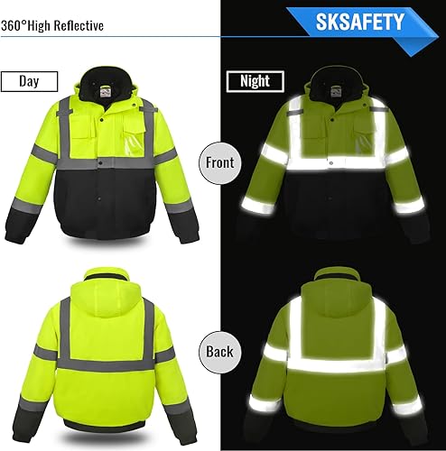 Miniatura 5 de SKSAFETY Chaquetas reflectantes de alta visibilidad para hombre, chaqueta de seguridad impermeable clase 3 con bolsillos, abrigos amarillos Hi Vis