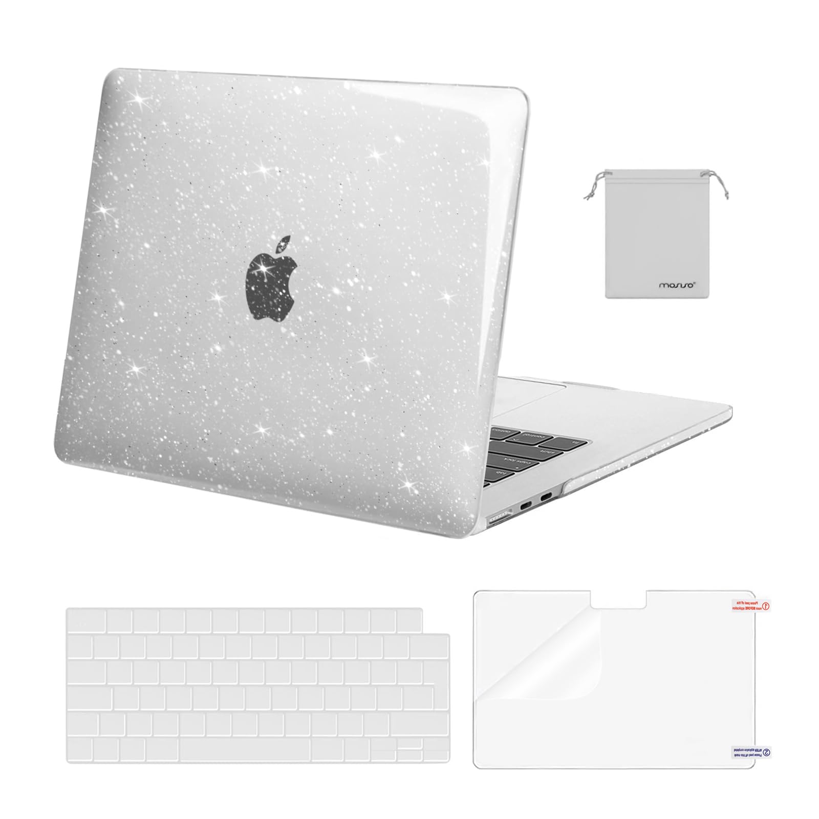 MOSISO Coque Paillette Compatible avec MacBook Air 15 Pouces M5 M4 M3 M2 | Kit 4-en-1 Étui Rigide Étincelant Briller Pour MacBook Air 15 Pouces 2026-2023 A3448 A3241 A3114 A2941,Transparent