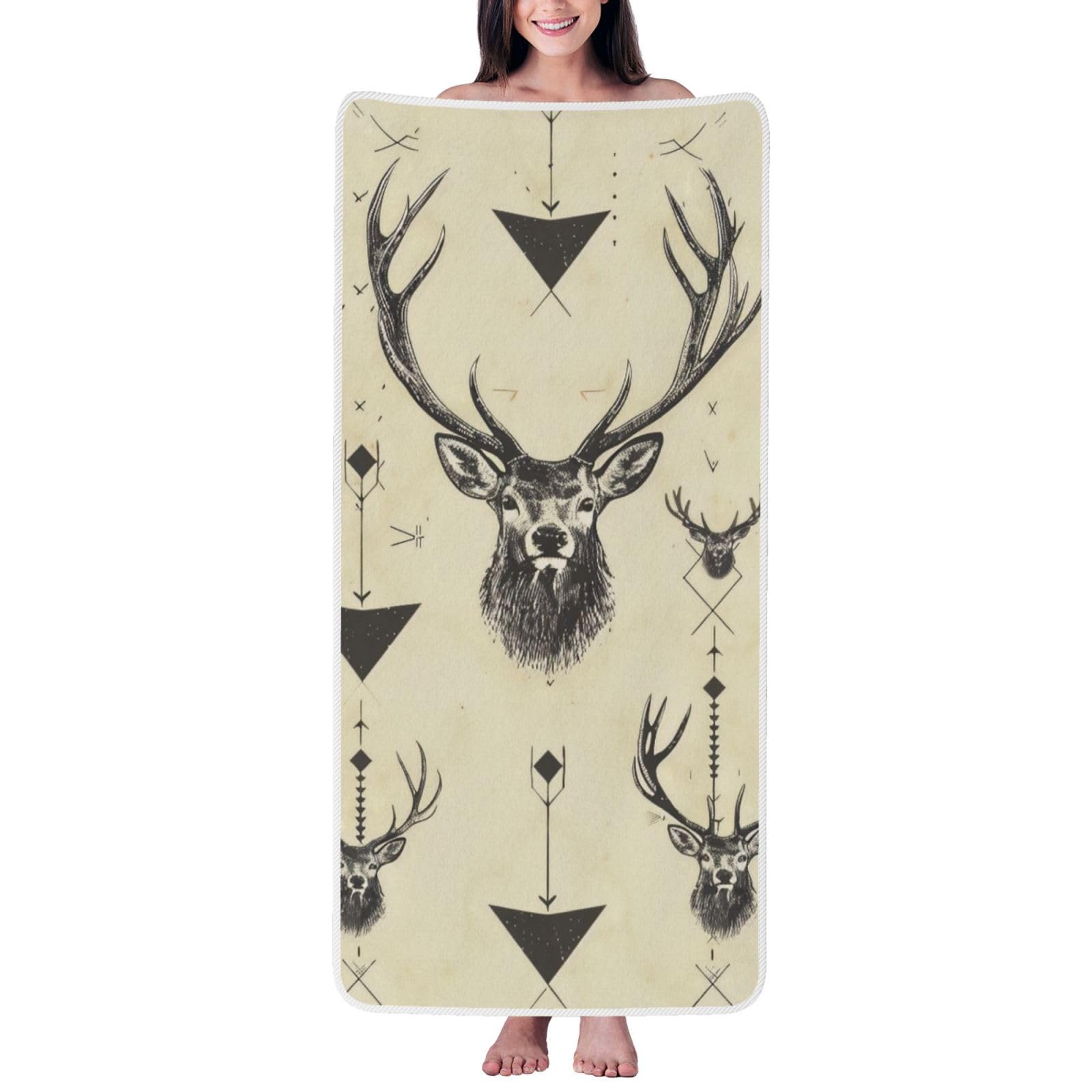 WPKJU Hunting Arrows Triangles Deer Printed Bath Towel with White Edging - 27x55 in Soft Extra Absorbent Coral Velvet Shower Towels for Bathroom