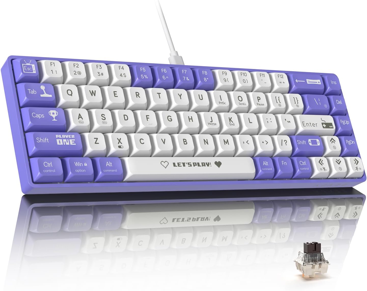 ATTACK SHARK AK680 60% Wired Mechanical Gaming Keyboard,Hot-Swappable,RGB Rainbow Backlit,UV Printing and EVA Sound Control,Fully Anti-Ghosting,Programmable,Brown Switch for Windows/Mac Purple&White