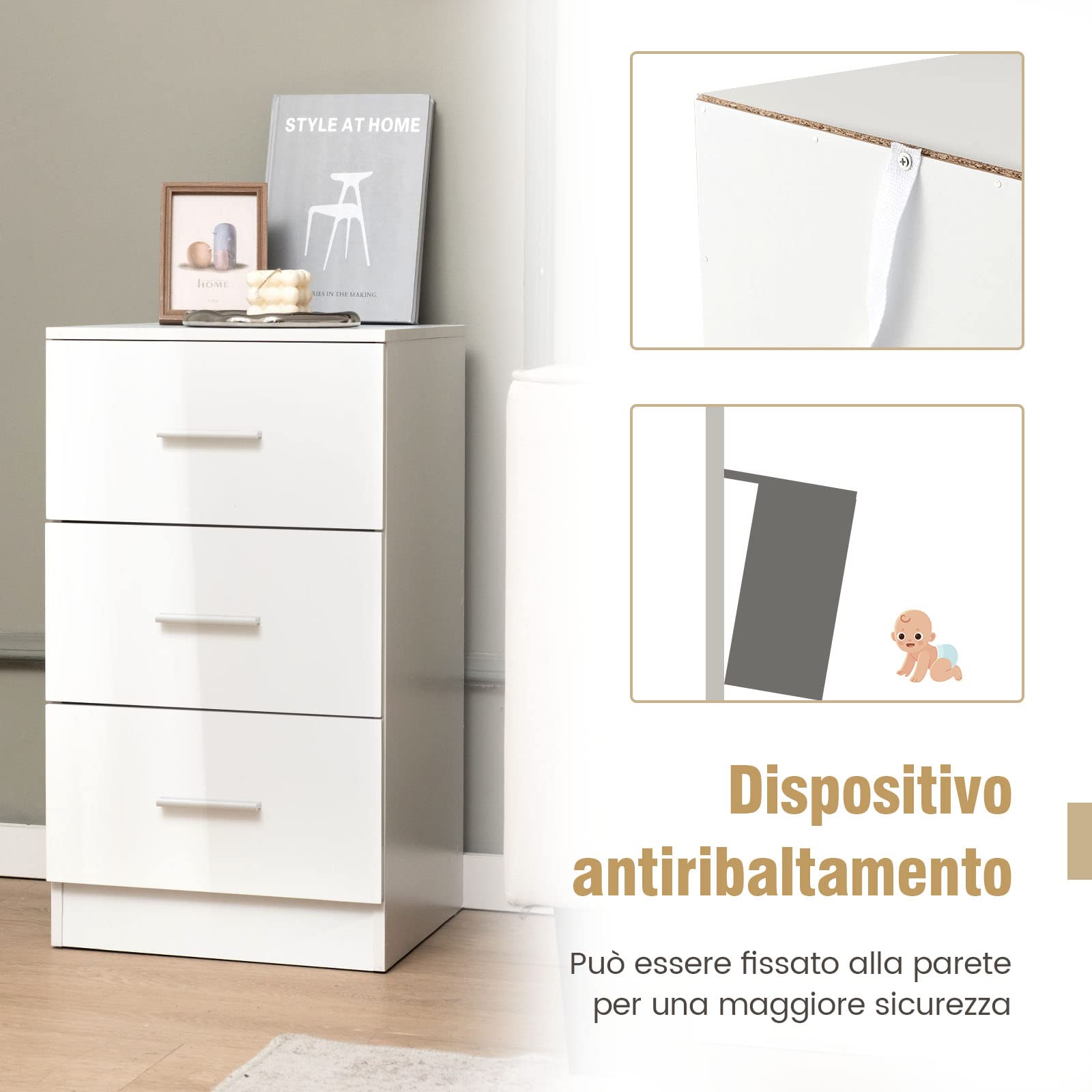 GYMAX Cassettiera Porta Documenti, Armadietto con 3 Cassetti, in Legno, Ideale per Ufficio, Studio, Camera da Letto, 37 x 34 x 67 cm (1, Bianco)