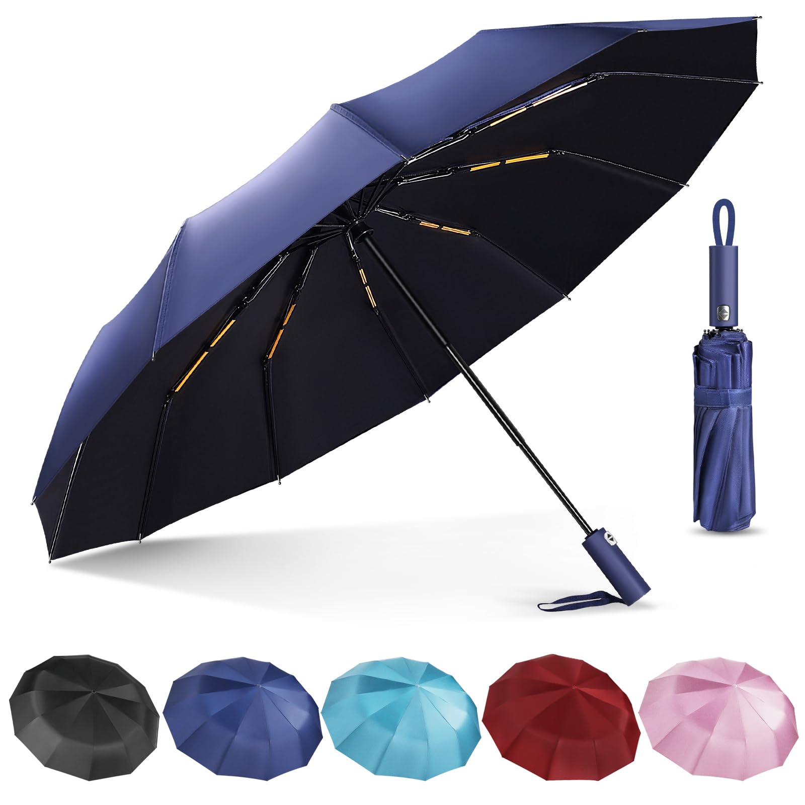 LychicoLychico Windproof Travel Umbrella - Compact Automatic Folding With 12 Ribs Wind Resistant Design for Rain, Single Hand Use, Small, Light, Strong Backpack Carry, Navy