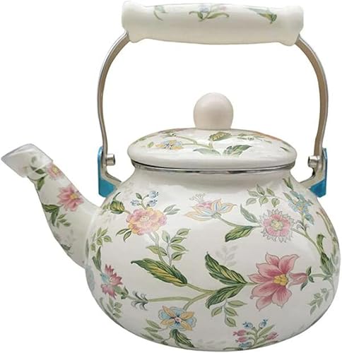 RSBFER Hervidor de té esmaltado vintage de 2.6 cuartos de galón, estufa de té esmaltada de porcelana colorida floral con mango de porcelana para