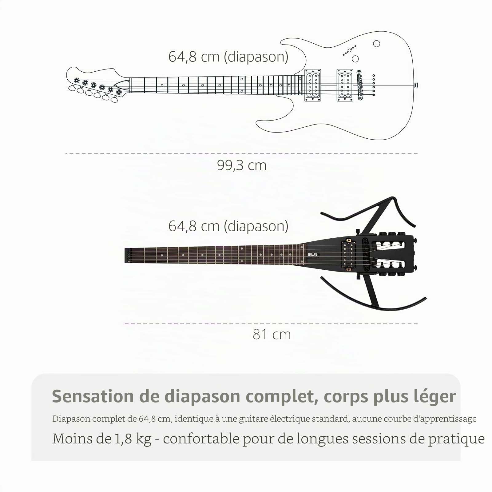 Guitare électrique de voyage, headless – portable, ultra-légère, diapason complet 25,5", palissandre, humbucker lumineux, housse de transport, supports amovibles, Noir