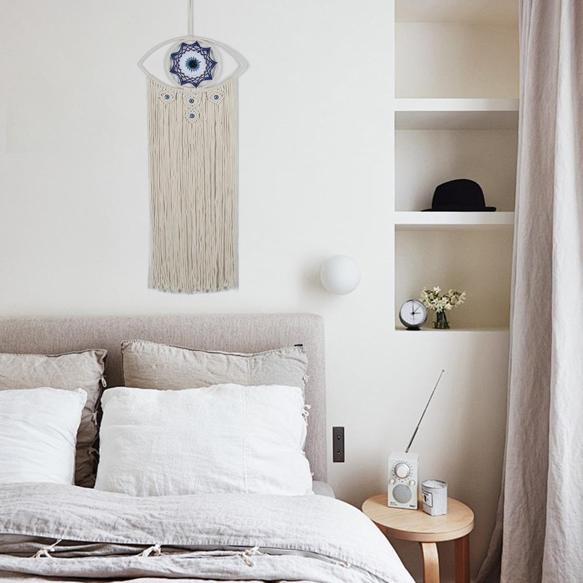 DEOSEISU Home Decor Boho Dreamcatcher Macrame Evil Eye Wall Hanging Decoration,Wonderful Sleep Cotton Cord (Beige)