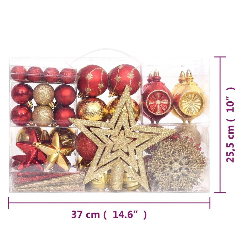 Juego de 108 bolas de Navidad doradas y rojas, plástico irrompible, con caja, diferentes tamaños y formas, joyas para Navidad, Adviento, punta de árbol, piñas, carámbanos, estrella colgante