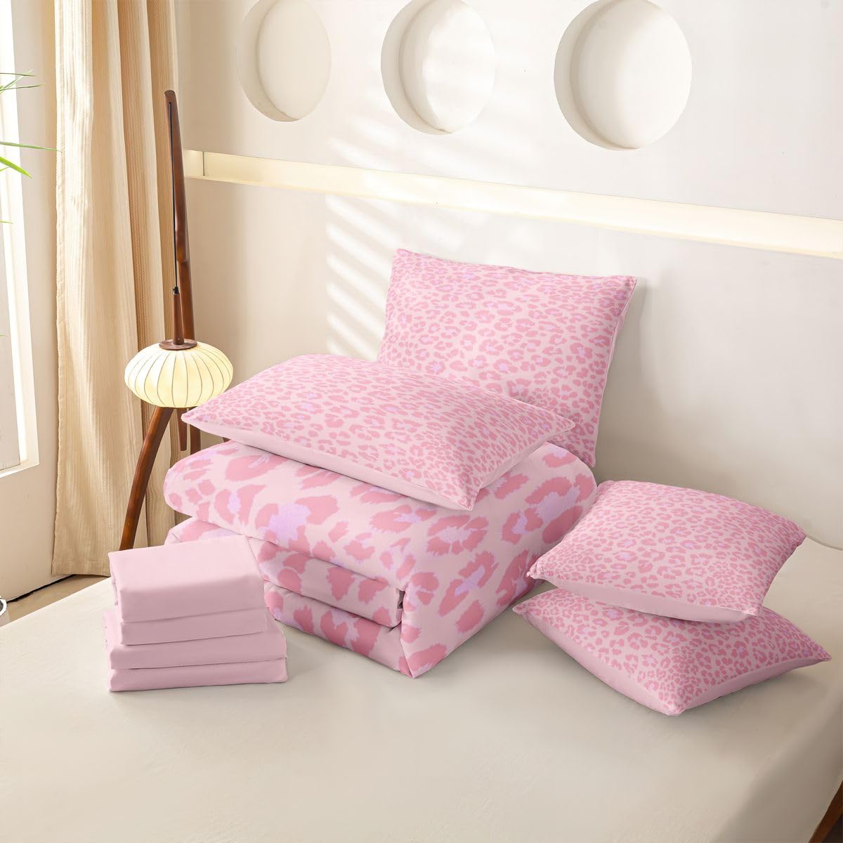 Loussiesd Set di biancheria da letto per bambini con stampa leopardata rosa, per letto singolo, 7 pezzi, per bambini, ragazzi, ragazze, safari, con copripiumino, lenzuola, federe, federe