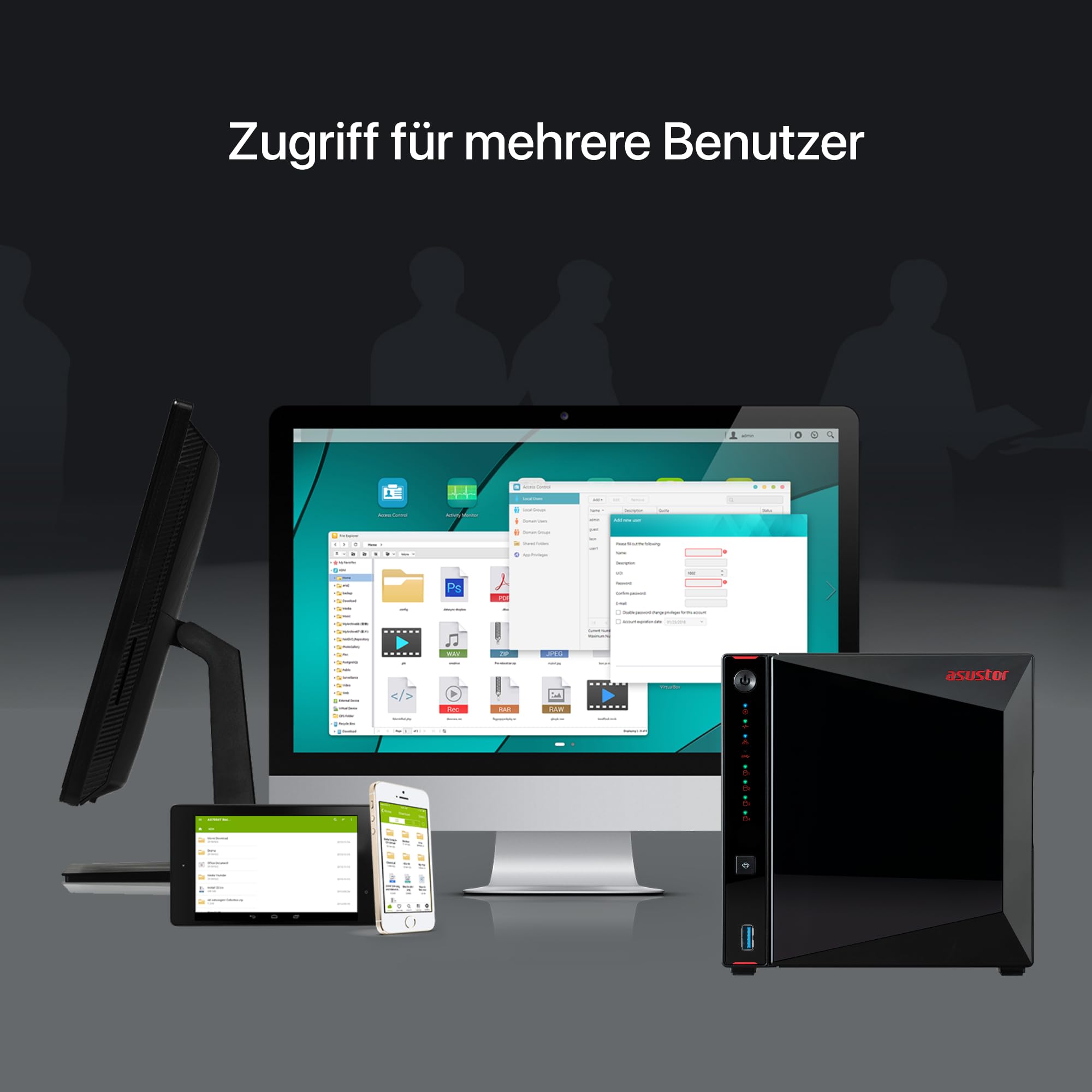 Asustor AS5404T Nimbustor 4 Gen2-4 Bay NAS Netzwerkspeicher Gehäuse, Quad-Core 2,0GHz CPU, 4xM.2 NVMe SSD Steckplätze, 2x2,5GbE Anschlüsse, 4GB DDR4 RAM, Gaming-Inspirierten NAS