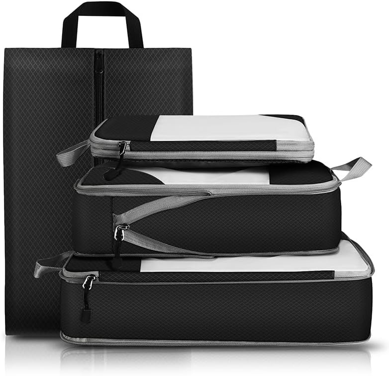 Waterproof TUP Transparent Travel Packing Bags Set – Foldable & Lightweight Design – Luggage Organizer for Suitcase & Trolley (Black,4PCS Set (Includes Shoe Bag))
