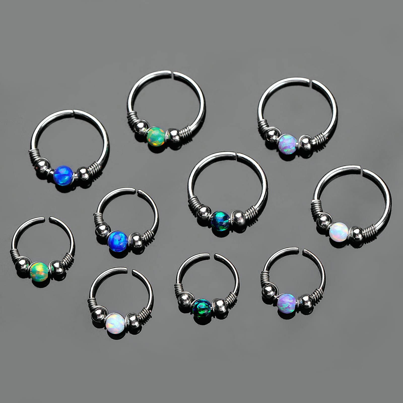 10 szt. kolczyków do piercingu helix, pierścień do przegrody nosowej, okrągły kształt z opalem, kolczyk do nosa, Opal, stal nierdzewna, Bez kamieni szlachetnych