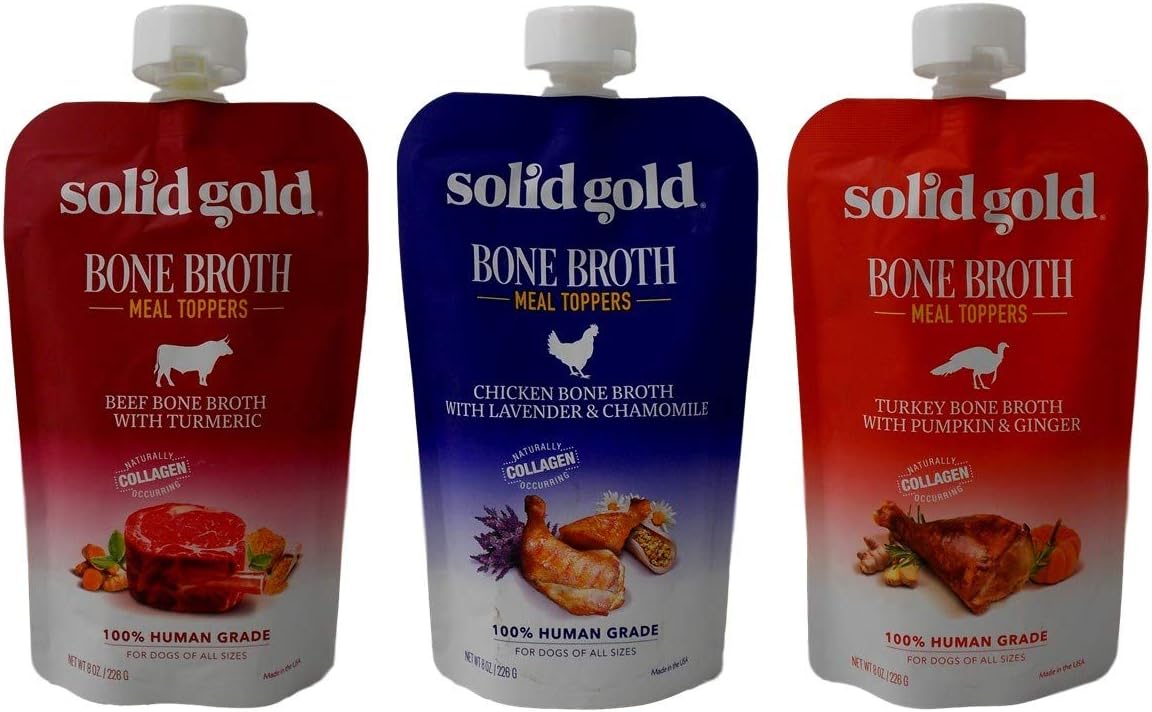 Human Grade Bone Broth Dog Food Meal Toppers 3 Flavor Sampler Bundle, 1 Each: Beef, Chicken, Turkey (8 Ounces)