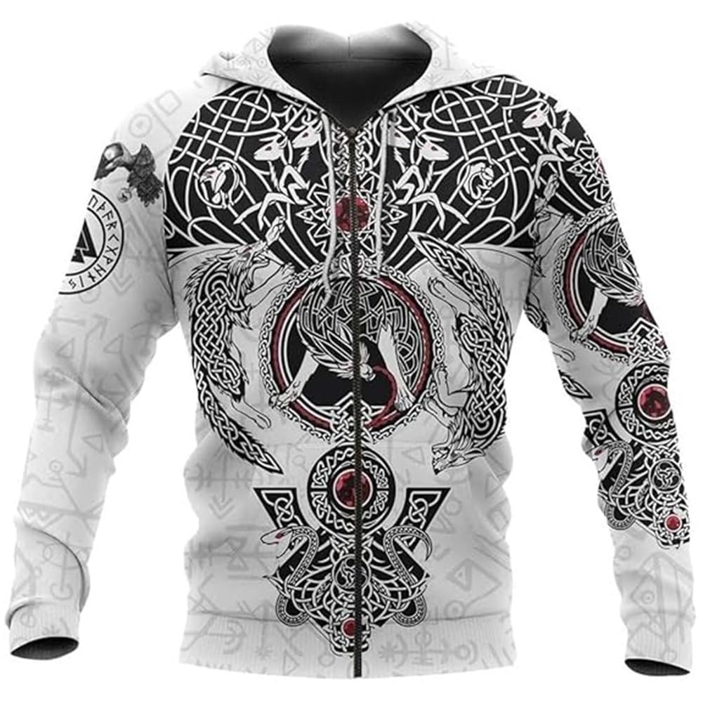 Men's Viking Armor Totem Hoodie,Medieval Valhalla Nordic Celtic Wolf 3D Rune Tattoo Print Pagan Zipper Jacket(Viking B,3XL)