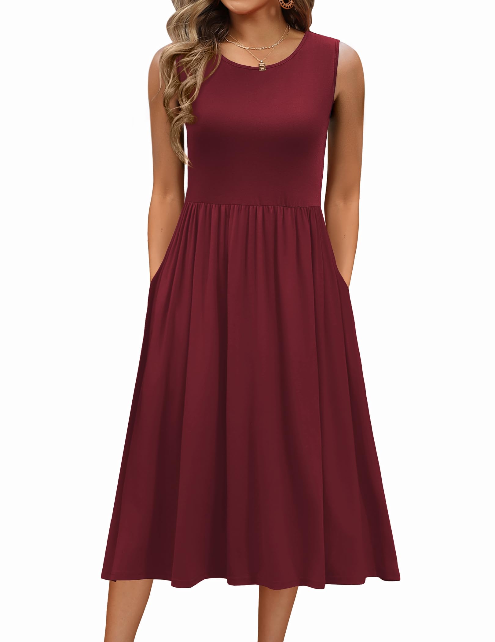 Zeagoo Sommerkleid Damen Ärmelloses Rundhals Freizeitkleider mit Taschen | Lässige Tank Kleid Elegant A Linie Strandkleid S-XXL