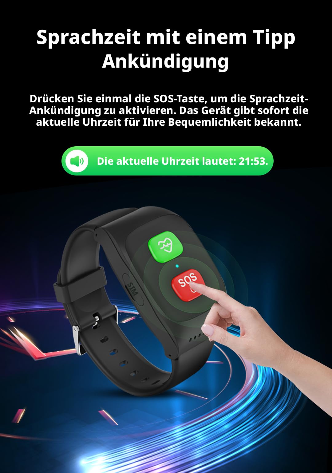 HOTOP Senioren Notruf Armband, GPS Notrufuhr, Sturzerkennung, SIM-Karte | SOS Armband, Persönlicher GPS-Tracker, Hausnotruf für Angehörige, Geschenk
