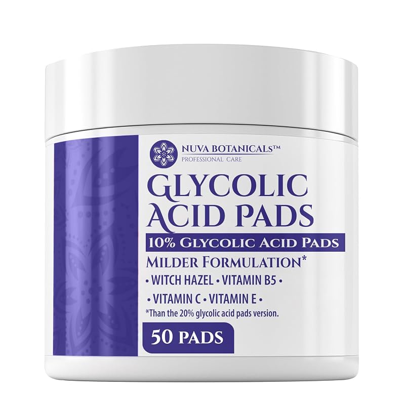 Nuva Botanicals Pads Faciais com Ácido Glicólico 10% e Vitamina C, Pacote com 50 unidades