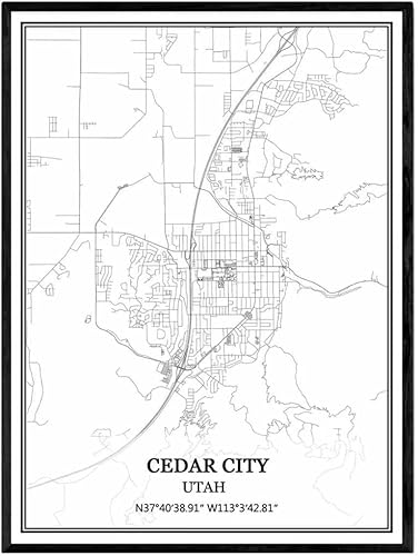 TANOKCRS Cedar City Utah USA - Póster impreso en lienzo con diseño de mapa de Estados Unidos, sin marco, moderno, en blanco y negro, regalo de