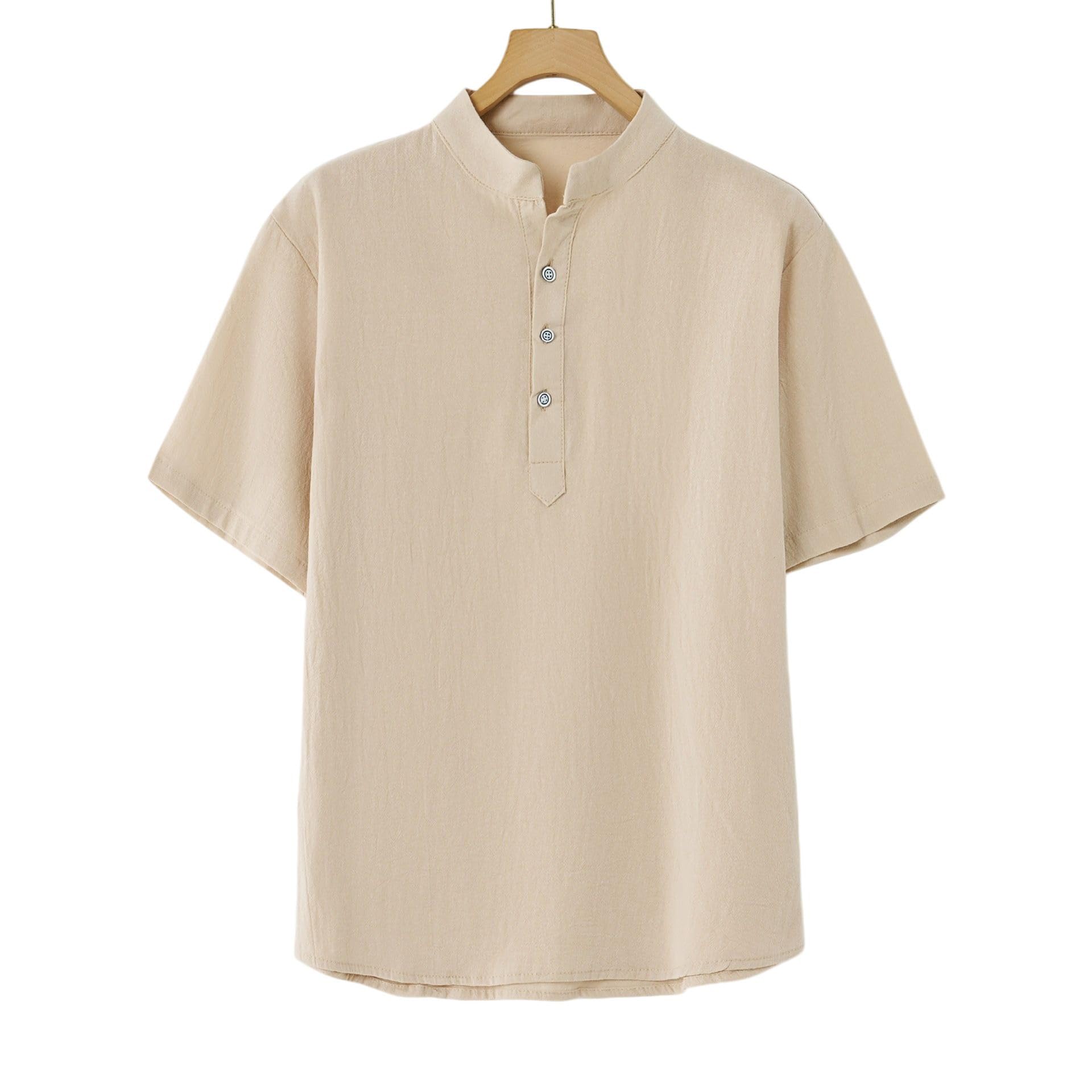 Camiseta Henley de manga corta con tres botones y mezcla de lino y algodón para hombre, resistente a las arrugas