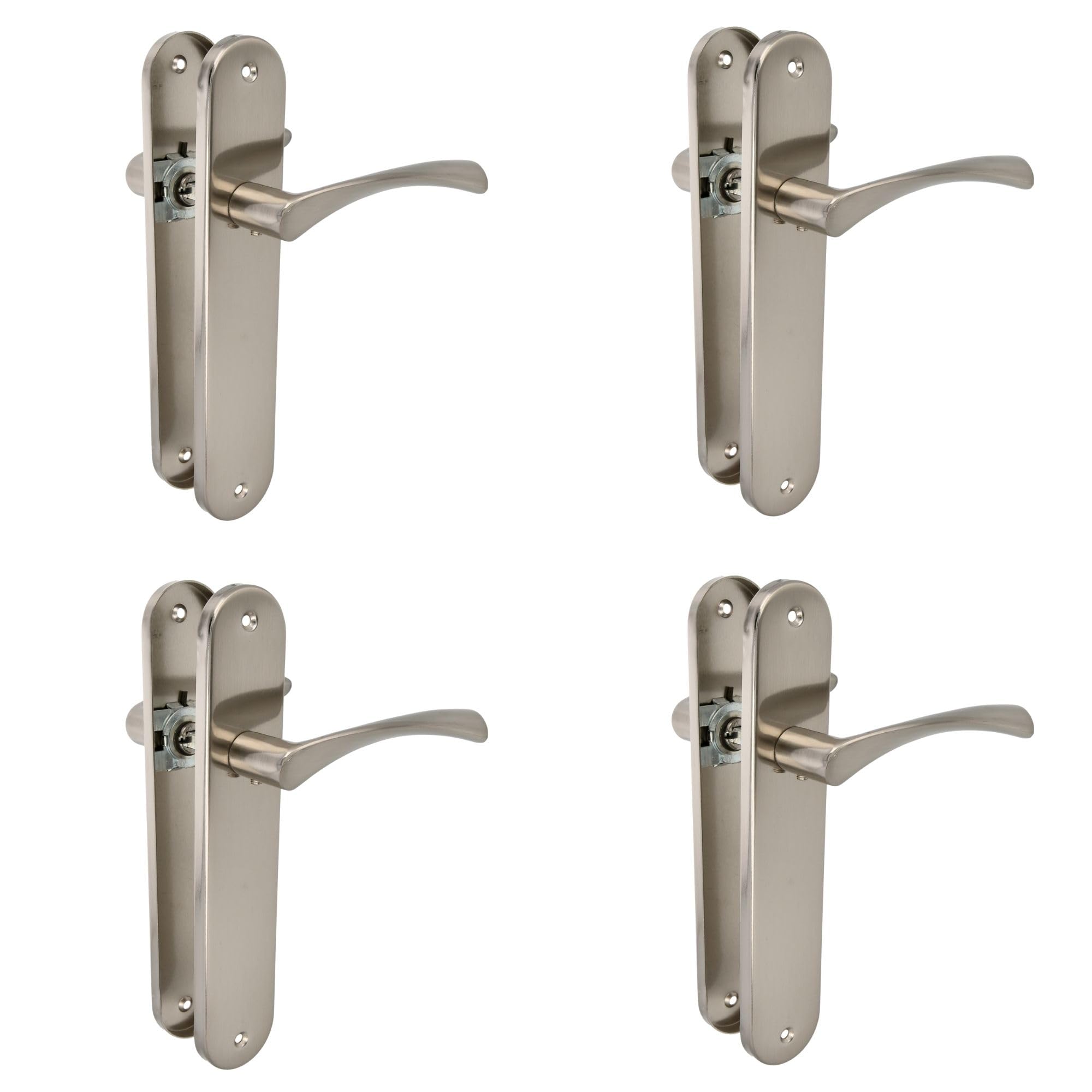Amig – Juego de 4 manillas para puertas con placa de acero – Modelo ISHI PB – 240 x 45 mm – Cuadradillo de 8 mm – Diseño elegante y sencillo – Sin bocallave – Níquel-aluminio cepillado