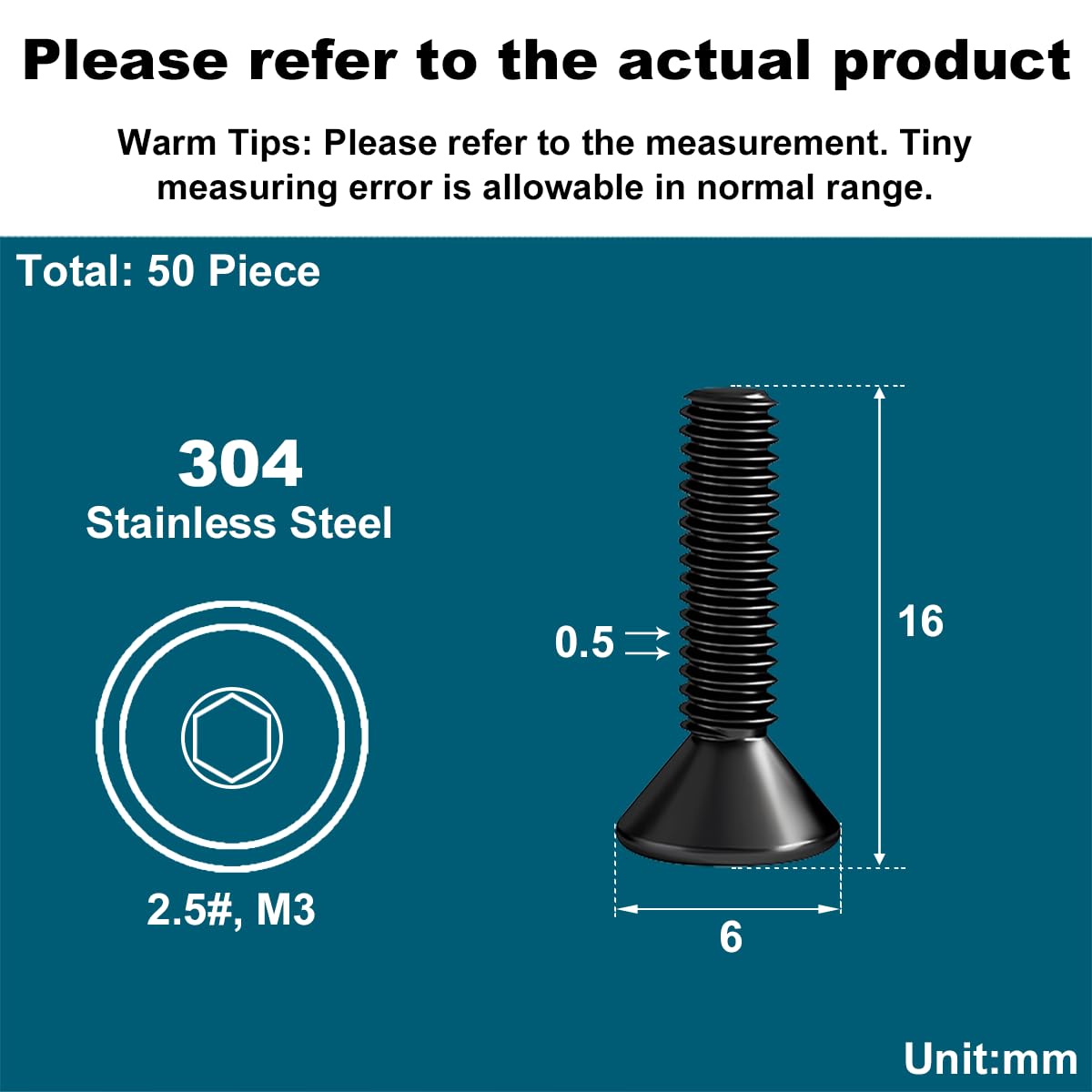 Drenky Black Socket Countersunk Screws M3 X 16mm 304 Stainless Steel Hex Bolts DIN 7991 / ISO 10642 Rustproof Flat Head Screw (Pack of 50) - Image 2