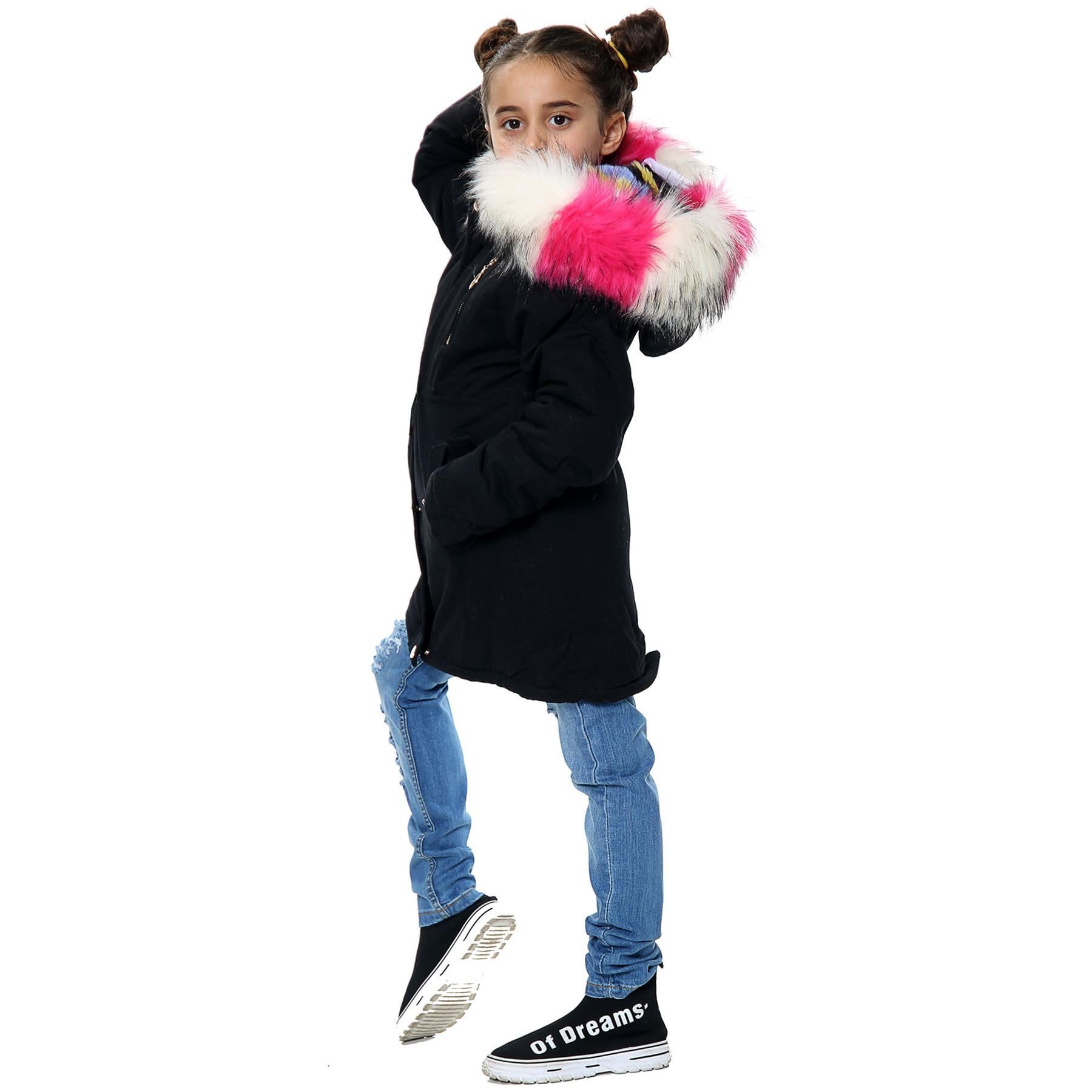 A2Z 4 Kids Bambine Pelliccia Sintetica Foderato Parka Cappotto Arcobaleno Cappuccio In Pelliccia Imbottito Giacca Colletto Cappuccio Comodo Leggero Invernale Giacca Cappotto Per Bambine Età 2-13 Anni
