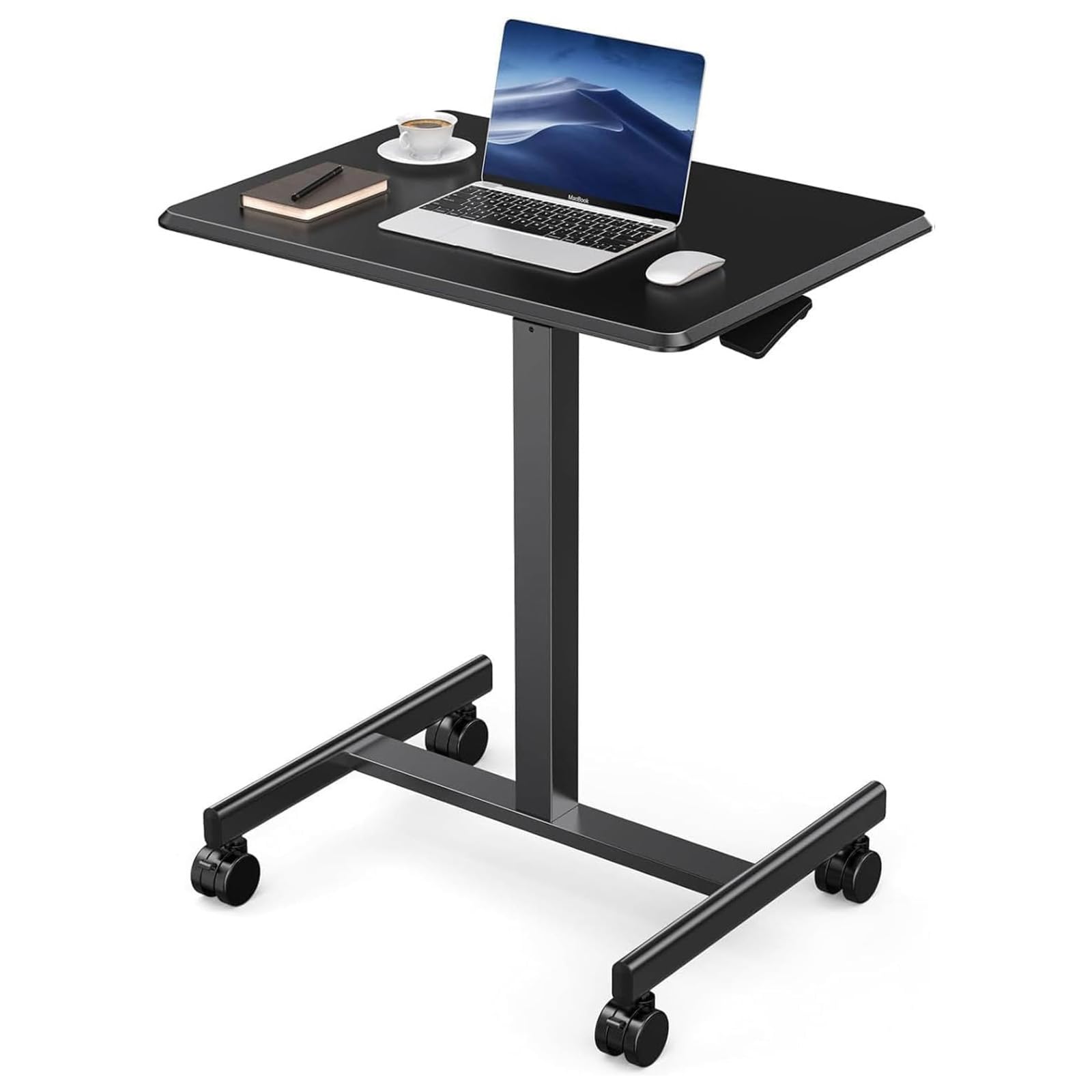 DUMOS Small Standing Desk Mobile Portable Rolling Laptop Desk on Wheels, Adjustable Height Table for Home Office, 19 Inch, Black
